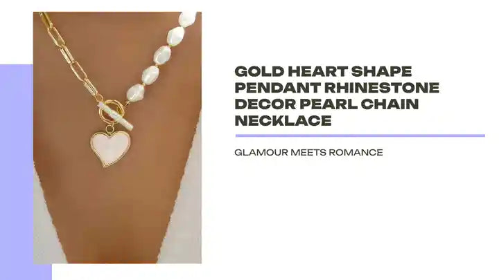 Gold Heart Shape Pendant Rhinestone Decor Pearl Chain Necklace by@Outfy