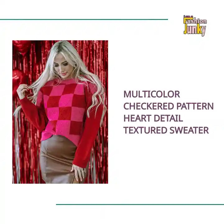 Multicolor Checkered Pattern Heart Detail Textured Sweater by@Outfy