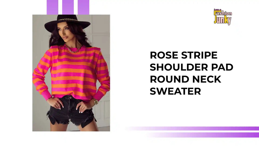 Rose Stripe Shoulder Pad Round Neck Sweater by@Outfy