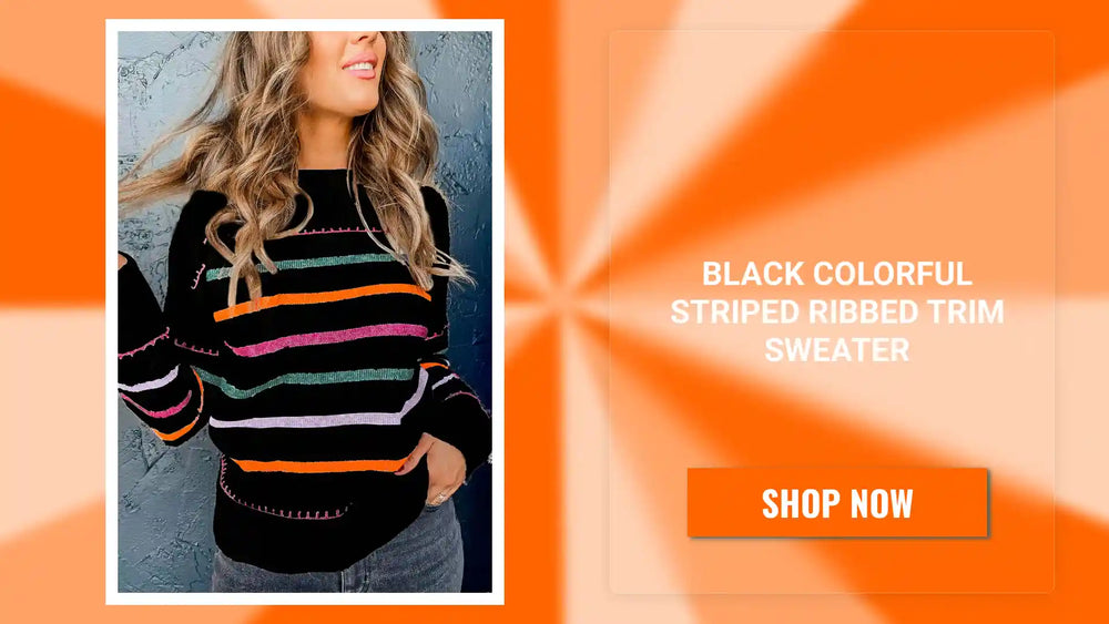 Black Colorful Striped Ribbed Trim Sweater by@Outfy