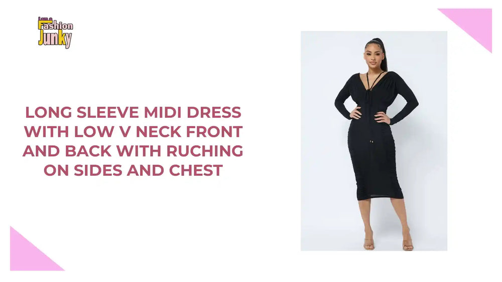 Long Sleeve Midi Dress With Low V Neck Front And Back With Ruching On Sides And Chest by@Outfy