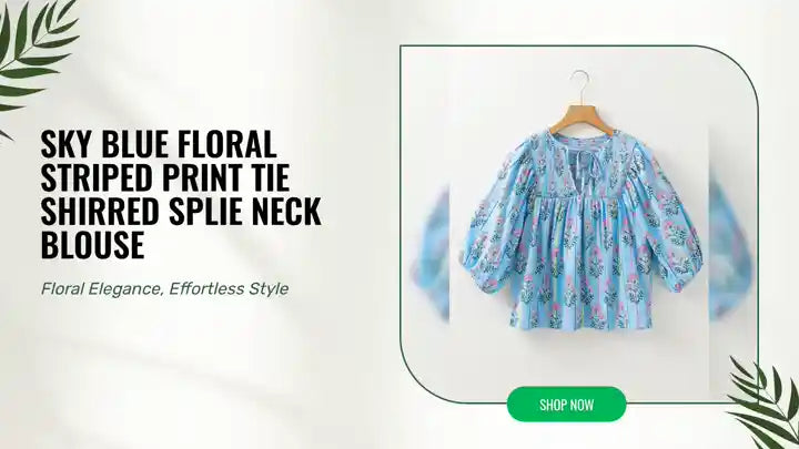 Sky Blue Floral Striped Print Tie Shirred Splie Neck Blouse by@Outfy