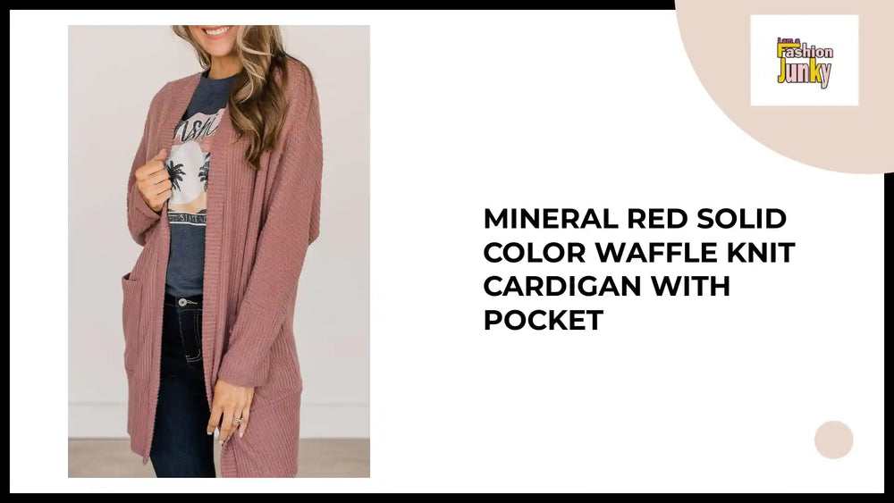 Mineral Red Solid Color Waffle Knit Cardigan with Pocket by@Outfy