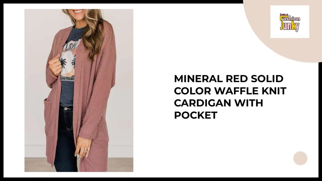 Mineral Red Solid Color Waffle Knit Cardigan with Pocket by@Outfy