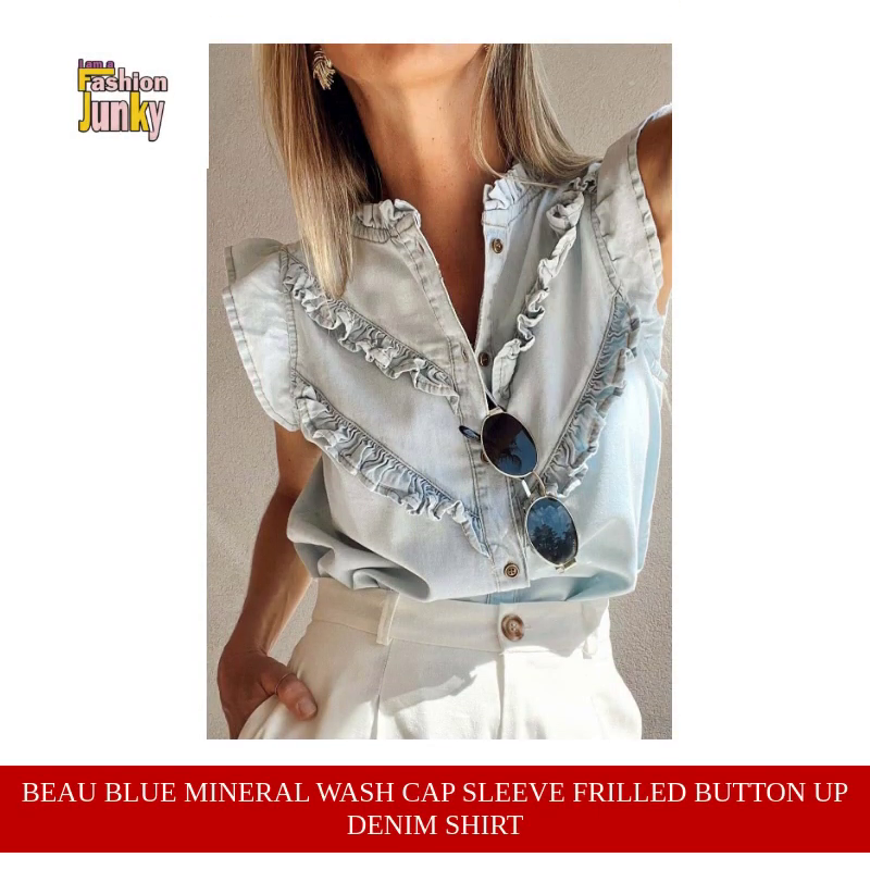 Beau Blue Mineral Wash Cap Sleeve Frilled Button Up Denim Shirt by@Outfy