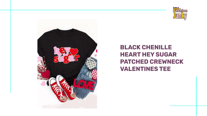 Black Chenille Heart hey sugar Patched Crewneck Valentines Tee by@Outfy