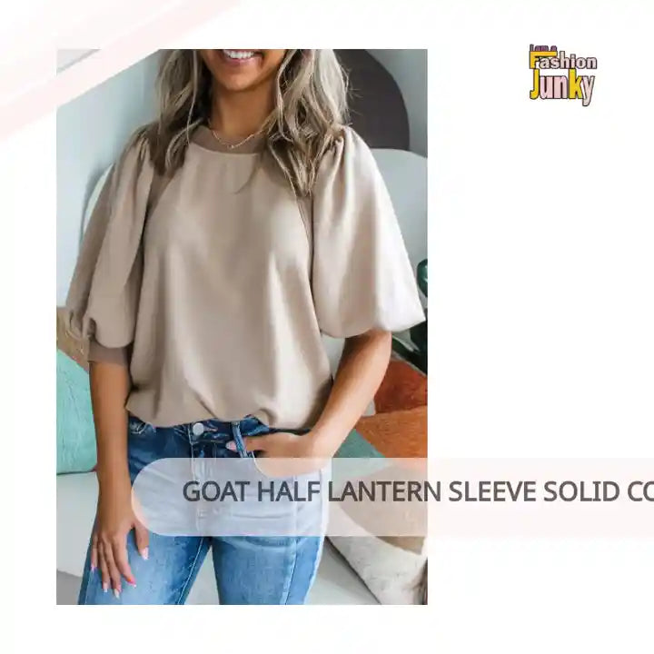 Goat Half Lantern Sleeve Solid Colour Pullover Top by@Outfy