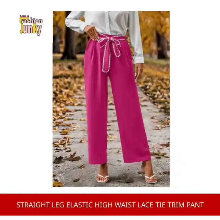 Straight Leg Elastic High Waist Lace Tie Trim Pant by@Outfy