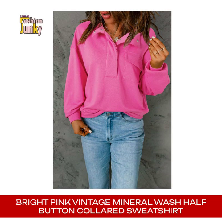 Bright Pink Vintage Mineral Wash Half Button Collared Sweatshirt by@Outfy