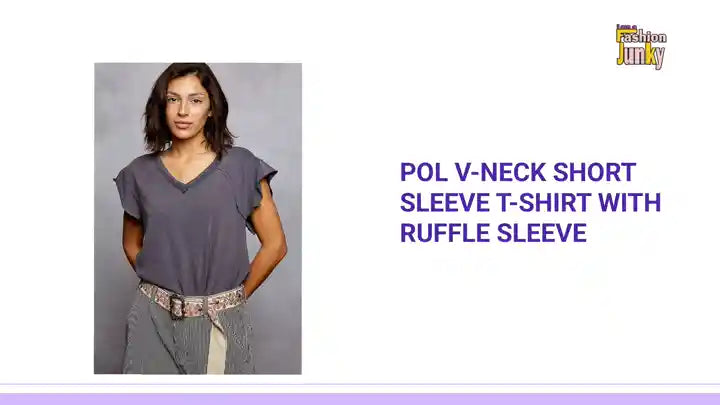 POL V-Neck Short Sleeve T-Shirt with Ruffle Sleeve by@Outfy