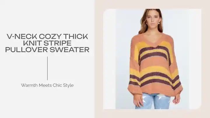 V-neck Cozy Thick Knit Stripe Pullover Sweater by@Outfy