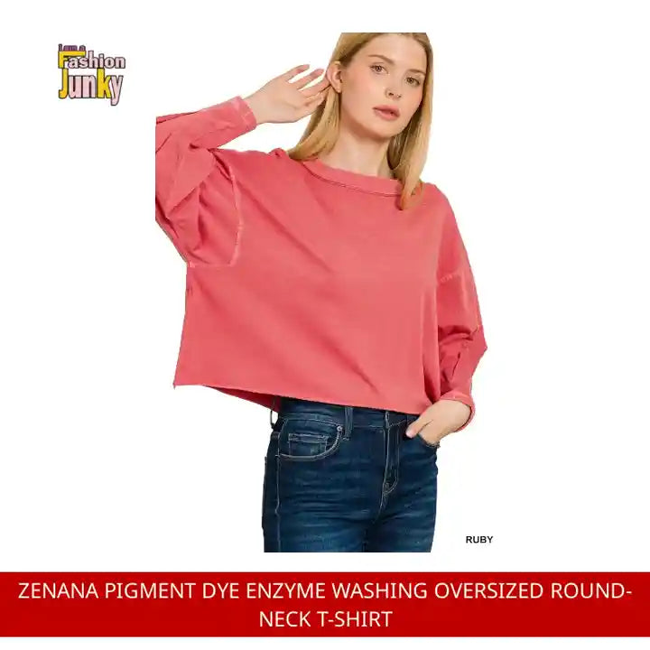 Zenana Pigment Dye Enzyme Washing Oversized Round-Neck T-Shirt by@Outfy