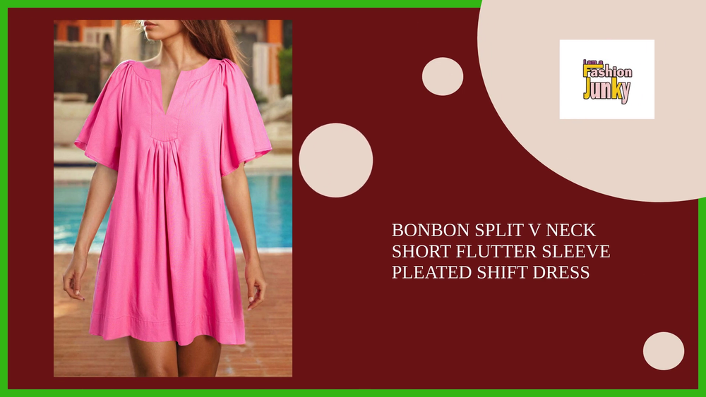 Bonbon Split V Neck Short Flutter Sleeve Pleated Shift Dress by@Outfy