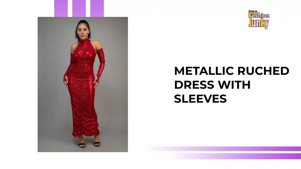 Metallic Ruched Dress With Sleeves by@Outfy