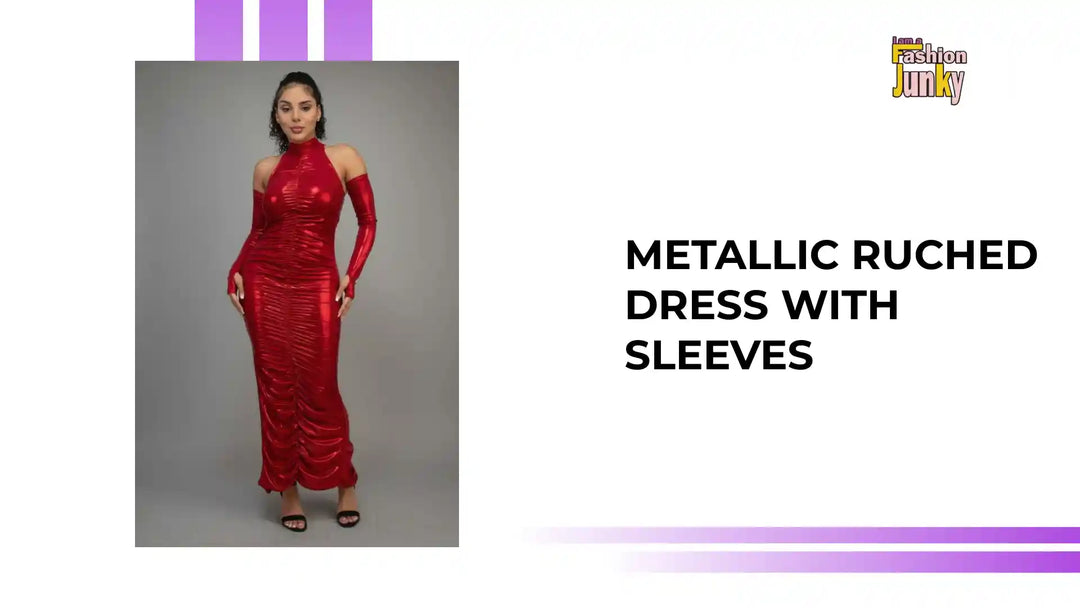 Metallic Ruched Dress With Sleeves by@Outfy