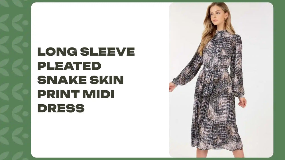 Long Sleeve Pleated Snake Skin Print Midi Dress by@Outfy
