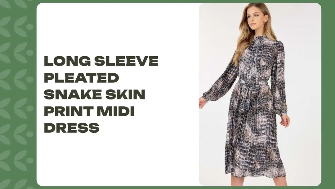 Long Sleeve Pleated Snake Skin Print Midi Dress by@Outfy