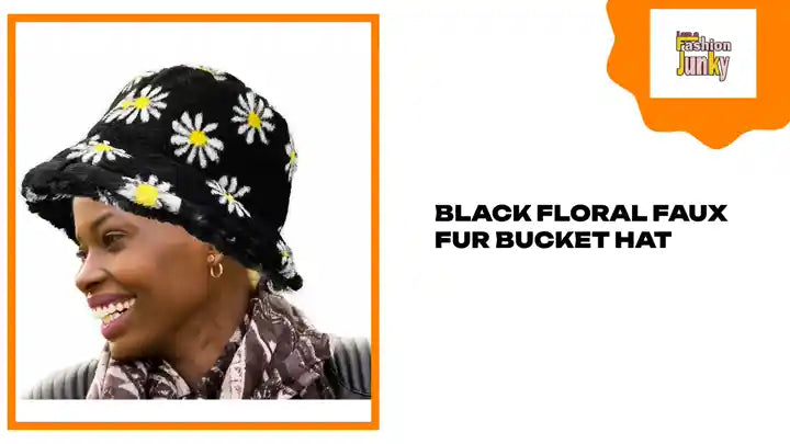 Black Floral Faux Fur Bucket Hat by@Outfy