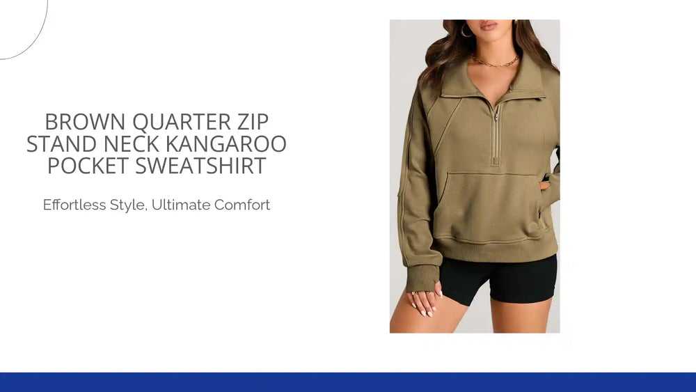 Brown Quarter Zip Stand Neck Kangaroo Pocket Sweatshirt by@Outfy