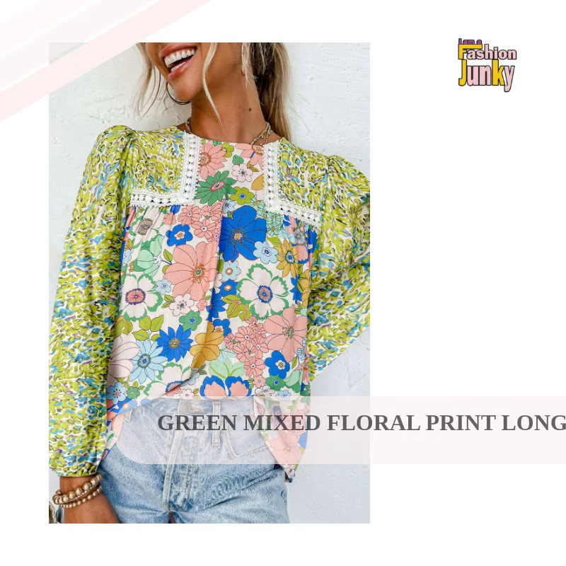 Green Mixed Floral Print Long Sleeve Blouse by@Outfy