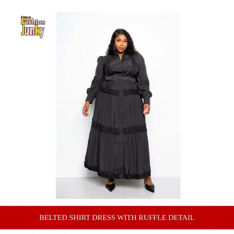 Belted Shirt Dress With Ruffle Detail by@Outfy