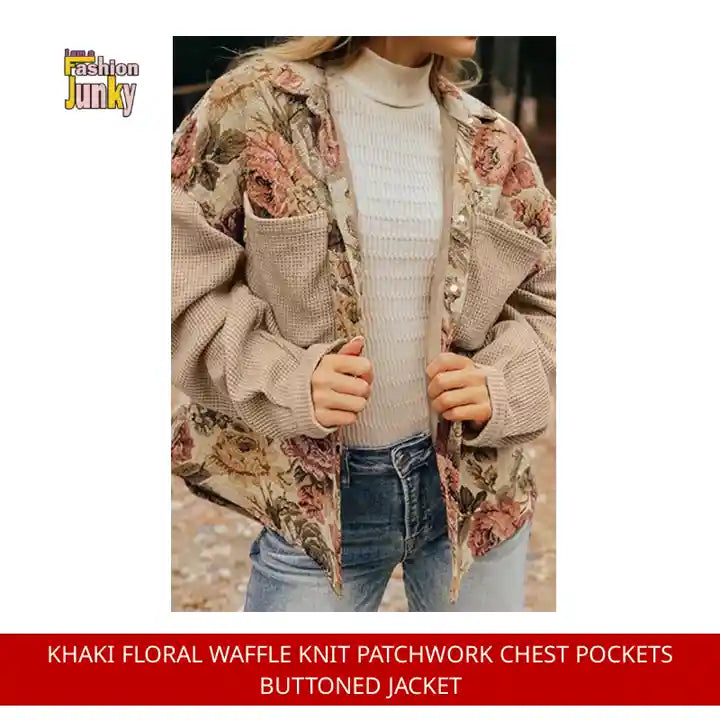 Khaki Floral Waffle Knit Patchwork Chest Pockets Buttoned Jacket by@Outfy