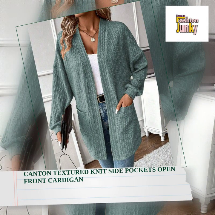 Canton Textured Knit Side Pockets Open Front Cardigan by@Outfy