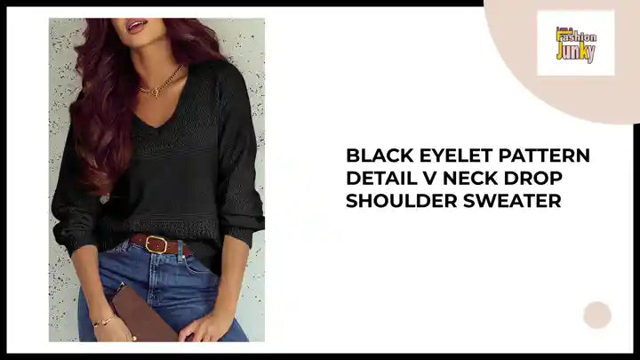 Black Eyelet Pattern Detail V Neck Drop Shoulder Sweater by@Outfy