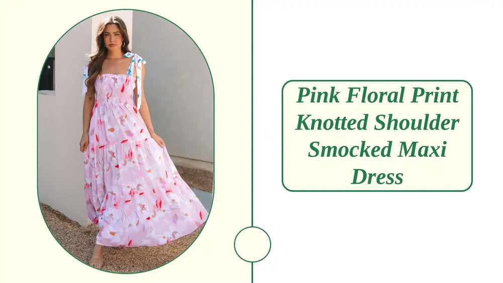Pink Floral Print Knotted Shoulder Smocked Maxi Dress by@Outfy