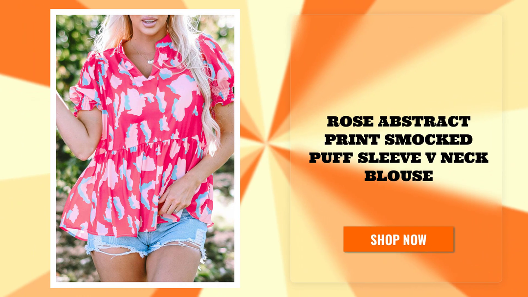 Rose Abstract Print Smocked Puff Sleeve V Neck Blouse by@Outfy