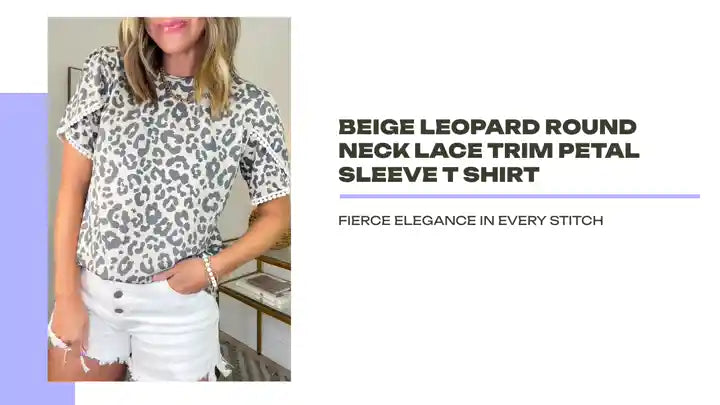Beige Leopard Round Neck Lace Trim Petal Sleeve T Shirt by@Outfy