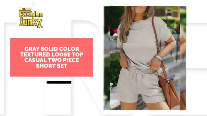 Gray Solid Color Textured Loose Top Casual Two Piece Short Set by@Outfy