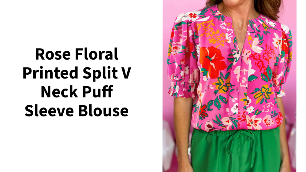 Rose Floral Printed Split V Neck Puff Sleeve Blouse by@Outfy