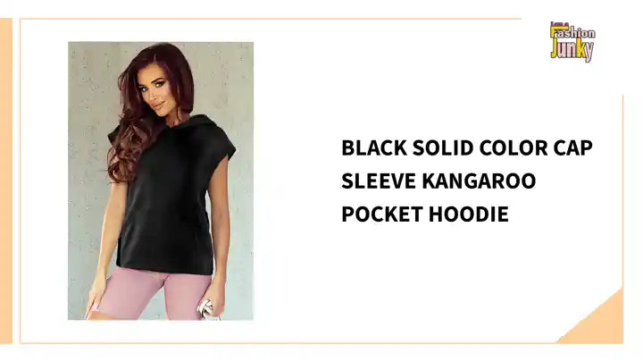 Black Solid Color Cap Sleeve Kangaroo Pocket Hoodie by@Outfy