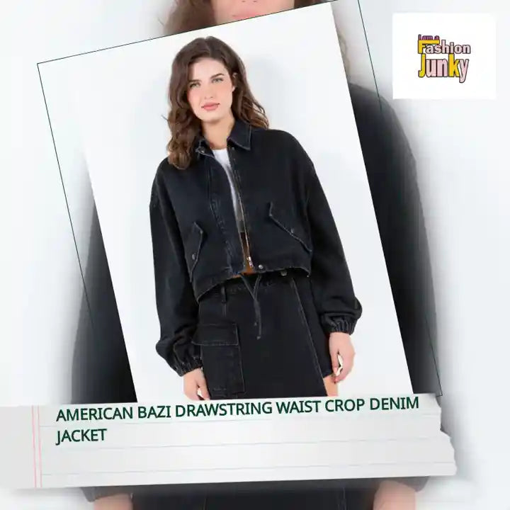 American Bazi Drawstring Waist Crop Denim Jacket by@Outfy