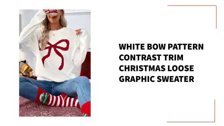 White Bow Pattern Contrast Trim Christmas Loose Graphic Sweater by@Outfy