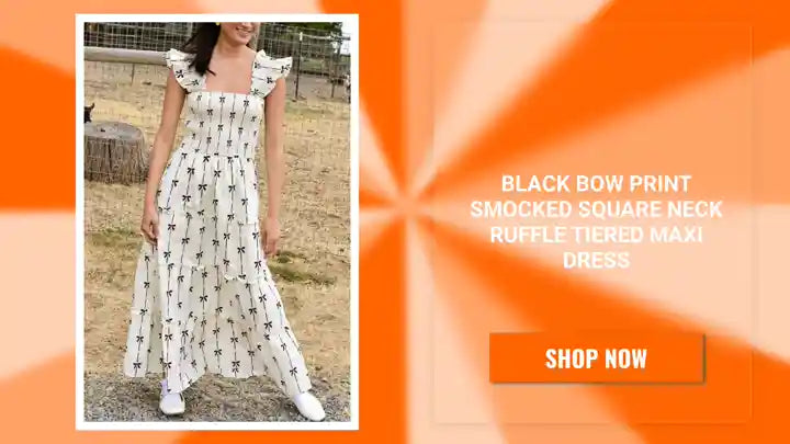 Black Bow Print Smocked Square Neck Ruffle Tiered Maxi Dress by@Outfy