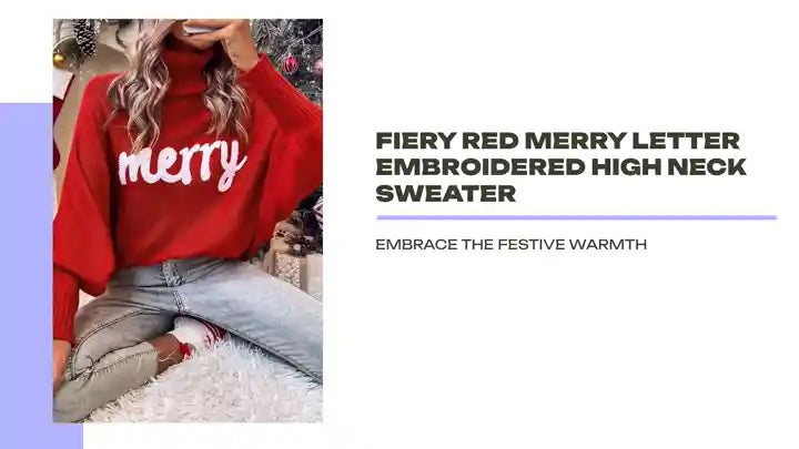 Fiery Red Merry Letter Embroidered High Neck Sweater by@Outfy