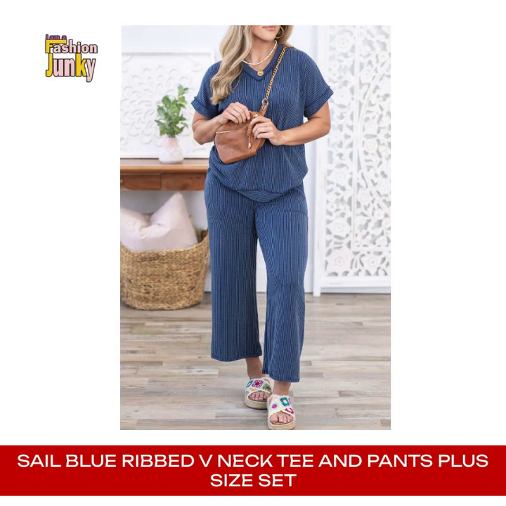 Sail Blue Ribbed V Neck Tee and Pants Plus Size Set by@Outfy