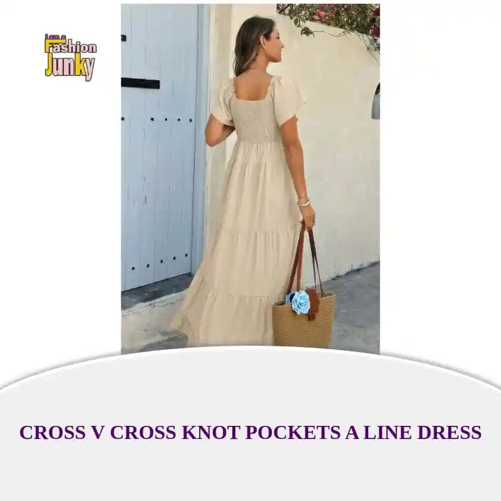 Cross V Cross Knot Pockets A Line Dress by@Outfy
