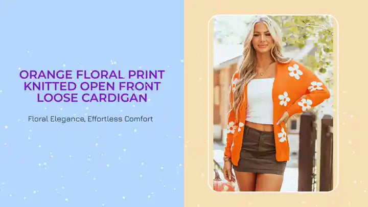 Orange Floral Print Knitted Open Front Loose Cardigan by@Outfy