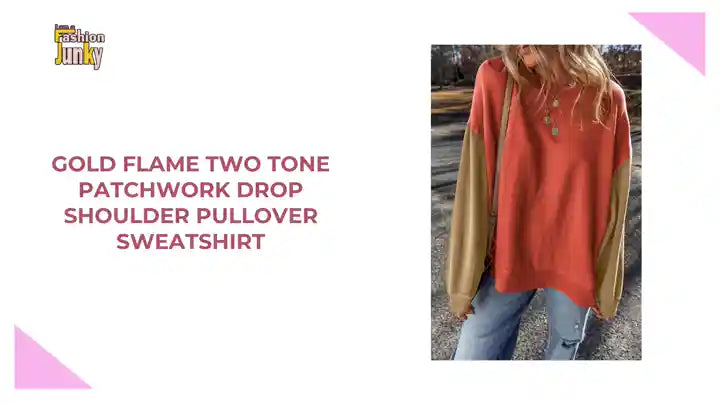 Gold Flame Two Tone Patchwork Drop Shoulder Pullover Sweatshirt by@Outfy