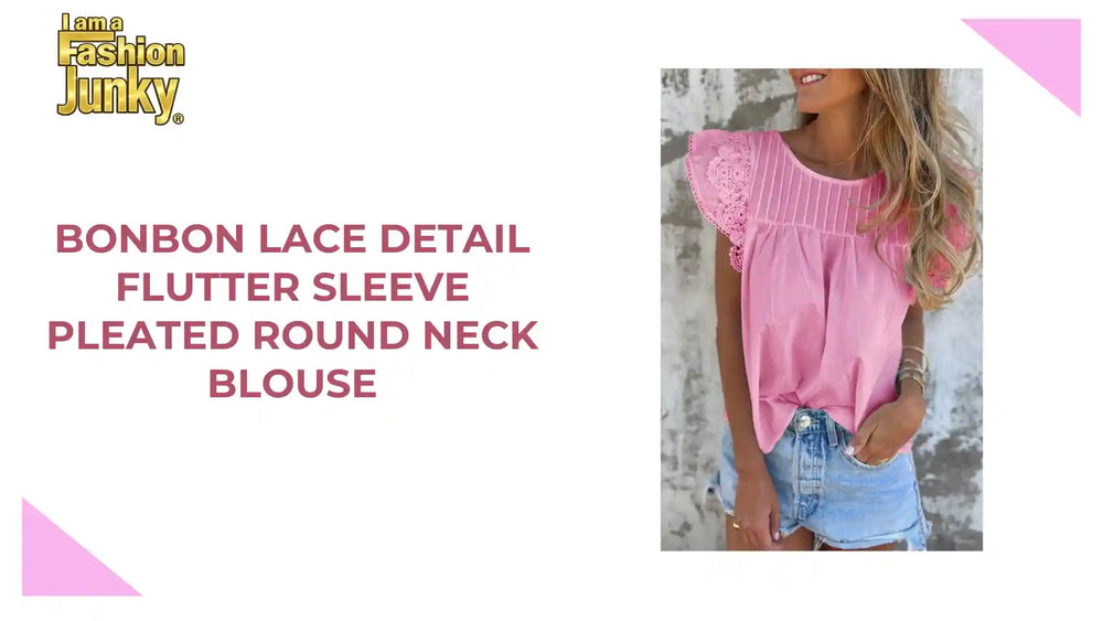Bonbon Lace Detail Flutter Sleeve Pleated Round Neck Blouse by@Outfy