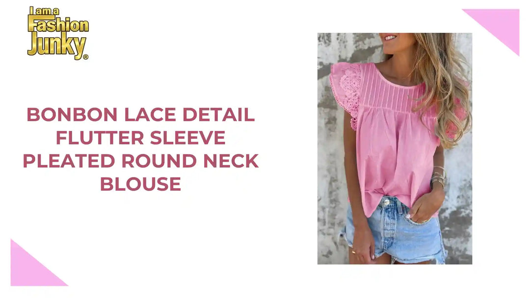 Bonbon Lace Detail Flutter Sleeve Pleated Round Neck Blouse by@Outfy