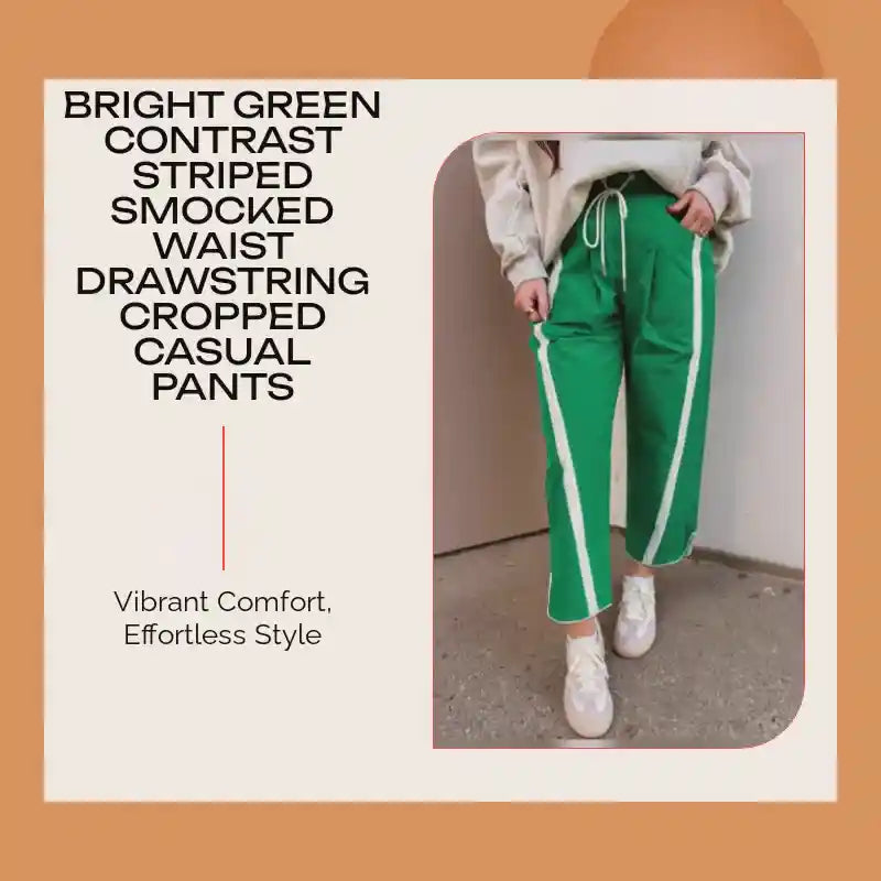 Bright Green Contrast Striped Smocked Waist Drawstring Cropped Casual Pants by@Outfy