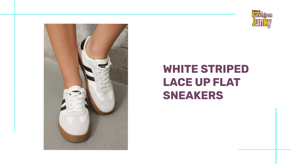 White Striped Lace Up Flat Sneakers by@Outfy