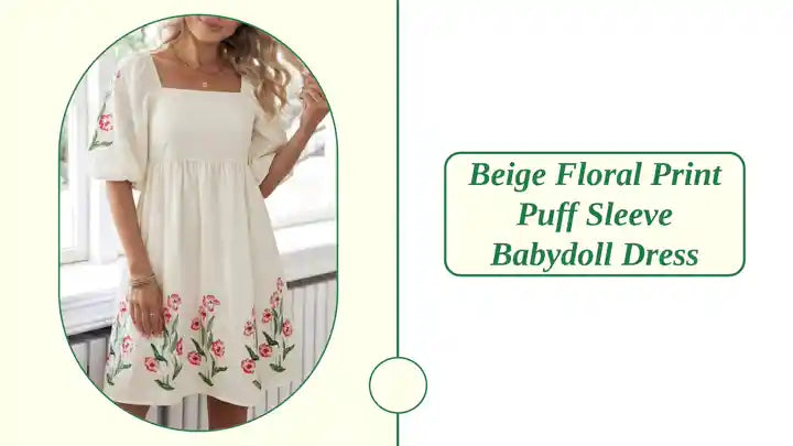 Beige Floral Print Puff Sleeve Babydoll Dress by@Outfy
