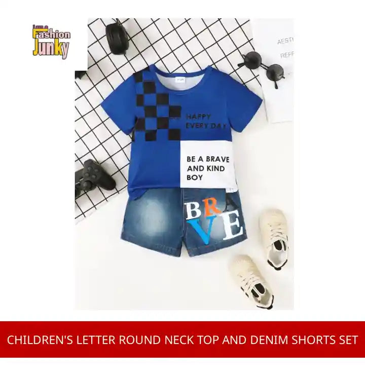 Children's Letter Round Neck Top and Denim Shorts Set by@Outfy
