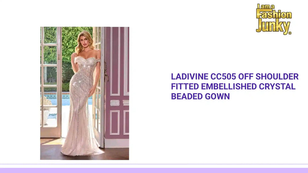 Ladivine CC505 Off Shoulder Fitted Embellished Crystal Beaded Gown by@Outfy