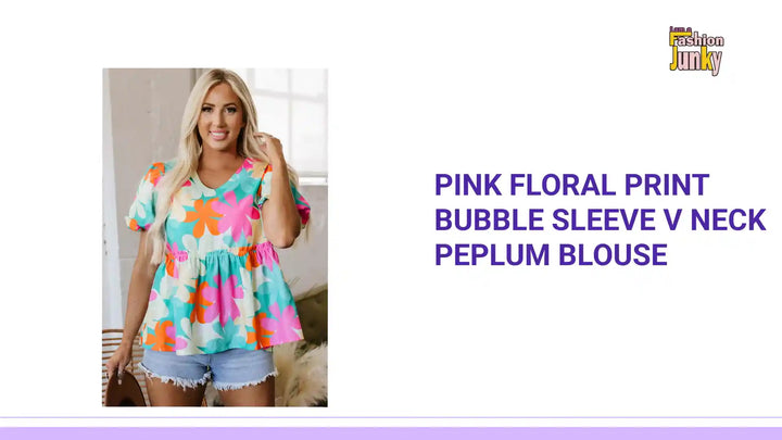 Pink Floral Print Bubble Sleeve V Neck Peplum Blouse by@Outfy